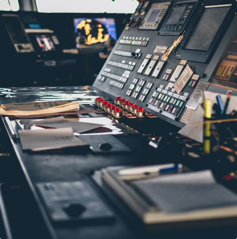 Salle de contrôle industrielle avec panneau de commande complexe